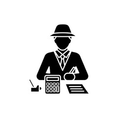 Man in suit calculates finances at desk with calculator and pen, creating a serious and professional atmosphere for business transactions.