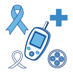 Diabetes awareness and management symbols including ribbon glucose meter medical cross and blood sample isolated on white background
