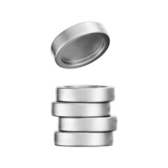 3D silver coin stack with a chrome metallic effect, isolated on a white background. Render of chrome coins, game token, digital currency icons or silver reward medals. 3D vector illustration
