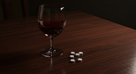 Grief and addiction represented by a glass of red wine and scattered pills on a dark wooden table, evoking feelings of despair and substance abuse challenges.