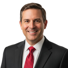 Professional businessman portrait smiling confidently wearing a suit and red tie transparent background