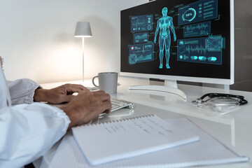 Doctor analyzing AI diagnostic data and patient vitals on a monitor, showcasing advanced healthcare technology integration