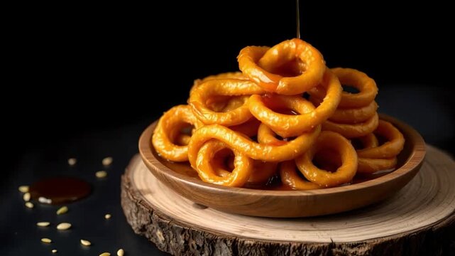 Freshly fried jalebi stacked in golden swirls shines with rich sugar syrup and festive flavor. A traditional Indian sweet treat capturing warmth, celebration, and culinary perfection.