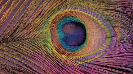 Fototapeta premium Detailed close up of vibrant peacock feather in multicolor patterns