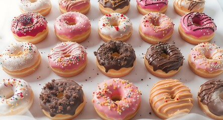 Assorted colorful donuts with different icing and sprinkled toppings arranged in rows