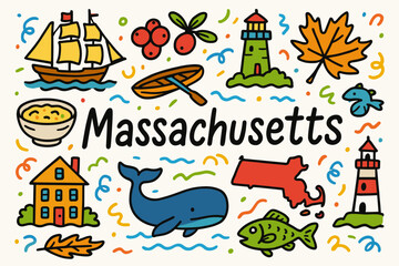 Massachusetts outline icon set. history, nature, landmarks outline collection
