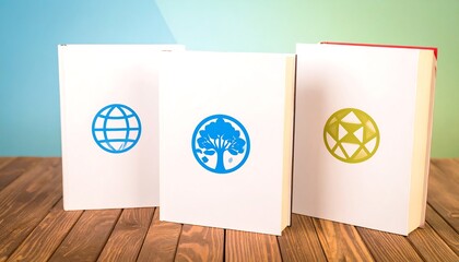 Three books with environmental symbols on a wooden surface