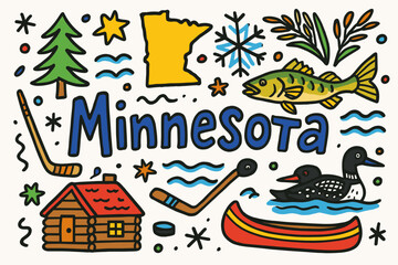 Fototapeta premium Minnesota flat icon set. state symbols, landmarks, and nature icons collection