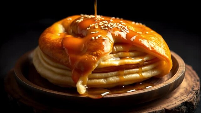 Golden syrup drips luxuriously over a stack of fluffy pancakes, creating a mouthwatering breakfast scene. The glossy caramel topping and sesame seeds add a touch of gourmet indulgence.