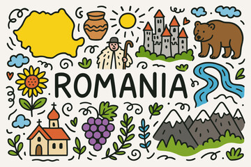 Romania outline icon set. culture, landmarks, nature and traditional symbols outline