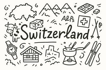 Fototapeta premium Switzerland travel outline icon set featuring landmarks, cheese, and skiing elements