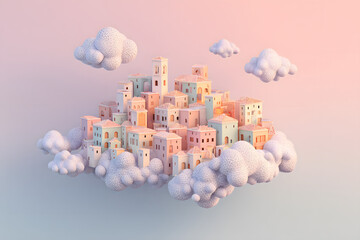 fluffy isometric cloud city floating in pastel skies created in a clean soft 3d minimal dreamy design style