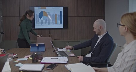 A business meeting with a presentation on project statistics. Employees listen attentively in a conference room as a woman highlights key performance indicators.