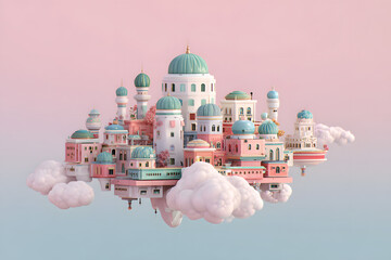 fluffy isometric cloud city floating in pastel skies created in a clean soft 3d minimal dreamy design style