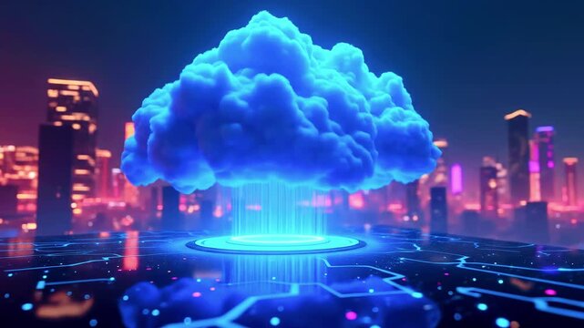 Glowing cloudscape above a futuristic cityscape, energy beams descend from the cloud, on a platform