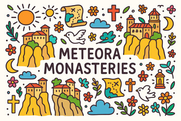 Fototapeta premium Meteora monasteries icon set. flat religious landmarks, cultural symbols icons.