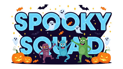 Spooky Squad: Halloween-themed illustration showcasing friendly monsters and spooky elements, perfect for festive designs and eerie celebrations. 