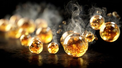 Abstract golden orbs with vapor against dark backdrop for artistic concepts