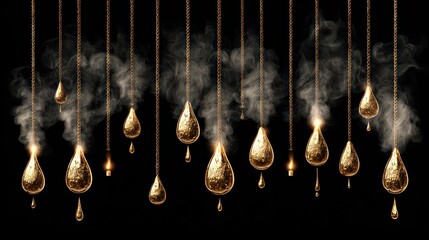 Golden droplets descending with smoke on black background