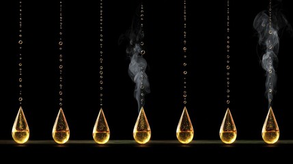 Liquid droplets in sequence against a dark background conceptual illustration