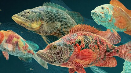 Colorful illustrated fish swimming in deep water with textured details