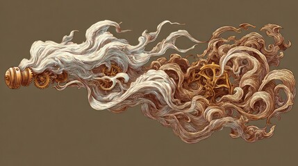 Abstract artwork of swirling smoke and mechanical gears on a neutral background