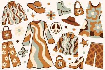 Vintage clothes bundle. Groovy 60-s fashion. Vector collection of isolated elements