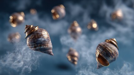 Floating seashells against a blue backdrop with subtle fog and soft lighting