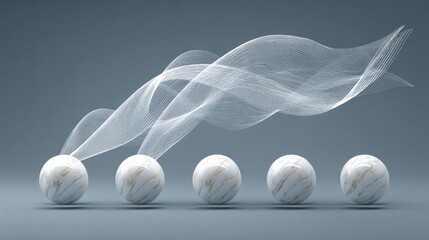 Abstract composition of marble spheres and flowing white forms on a grey background