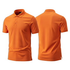 Two orange short sleeve polo shirts front and back view mockup realistic apparel photography transparent background