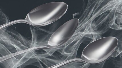 Elegant metal spoons amidst ethereal wisps against a dark backdrop