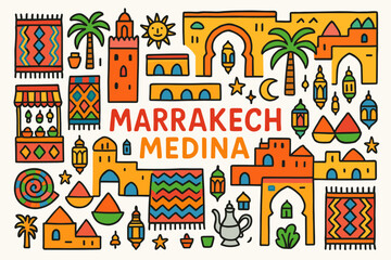 Naklejka premium Marrakech medina 3d icon set. moroccan cultural, architecture icons collection.