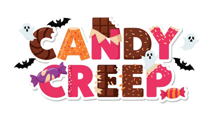 Fototapeta premium Candy Creep: A colorful and playful illustration with a candy-themed font, complemented by bats, ghosts, and candies, evoking a sense of festive fun for Halloween.