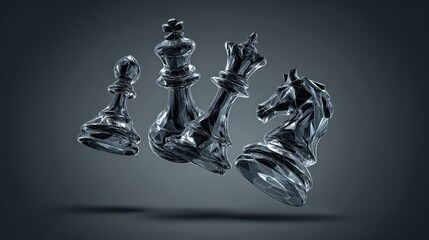 Floating metallic chess pieces against a dark background for strategic concepts