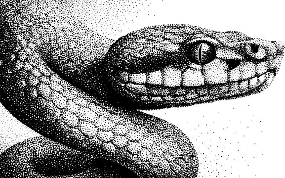 Intricate stipple dotwork of coiled snake for art and design