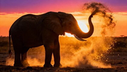 Obraz premium Silhouette of an elephant spraying dust in its trunk against a vibrant sunset sky in africa