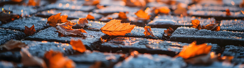 Autumn leaves nestled in cobblestones with a soft layer of first snow—capturing the poetic transition between seasons in warm golden hour light.