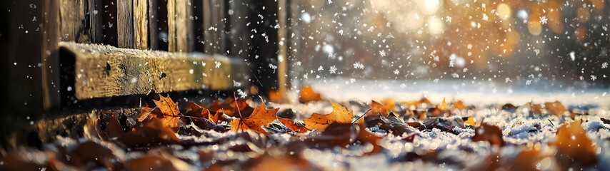Autumn leaves and first snowflakes settle at a rustic barn entrance—capturing the quiet transition between seasons in warm golden hour countryside light.