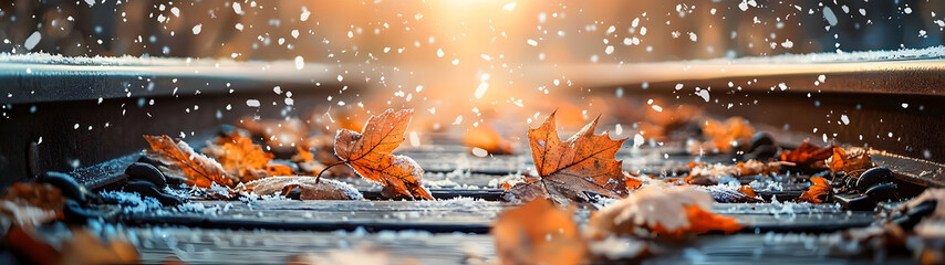 Autumn leaves and first snowflakes settle between railway ties-capturing the poetic transition between seasons in warm golden hour light.