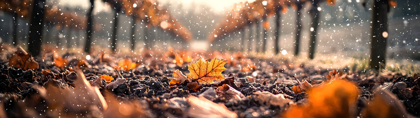 Autumn leaves and first snowflakes settle in a harvested vineyard—capturing the quiet transition between seasons in warm golden hour light.