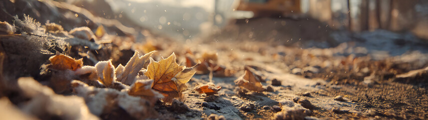 Autumn leaves and first snowflakes settle on dusty ground at a construction site-capturing the contrast between seasonal change and industrial stillness.