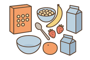 Healthy breakfast ingredients set including cereal, milk, fresh fruit, and serving utensils