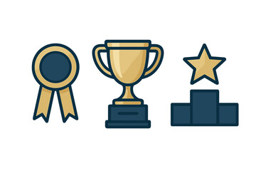 Gold and blue achievement symbols featuring a championship trophy, winner's medal, and first place podium star