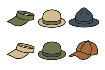 Collection of casual and outdoor headwear styles including baseball caps and visors