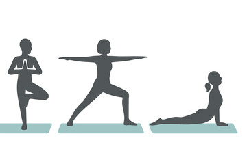 Woman silhouettes performing fundamental yoga poses Tree Warrior and Cobra on exercise mats