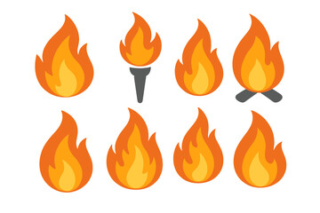 Set of stylized fire flames and burning icons including campfire and torch symbols