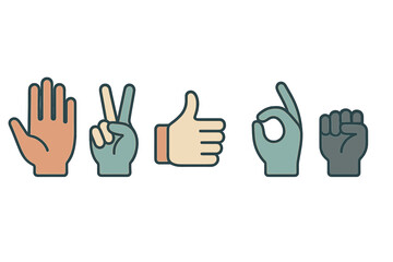 Diverse set of five human hand gestures representing communication, agreement, peace, and power symbols