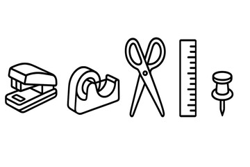 Essential office and school supplies including stapler, tape dispenser, scissors, ruler, and pushpin