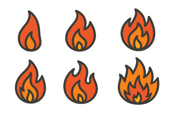 Six stylized graphic symbols showing fire flames and heat intensity progression