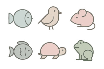 Minimalist collection of six cute animal icons featuring fish bird mouse turtle and frog in pastel colors